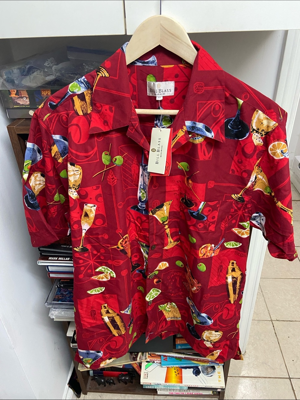 Vintage Bill Blass Red Cocktail Print Camp Shirt